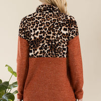 Celeste Full Size Curved Hem Leopard Turtleneck Long Sleeve Blouse