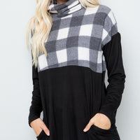 Celeste Full Szie Pocketed Plaid Turtleneck Long Sleeve Blouse