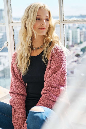 ADORA Popcorn Knit Open Front Long Sleeve Cardigan