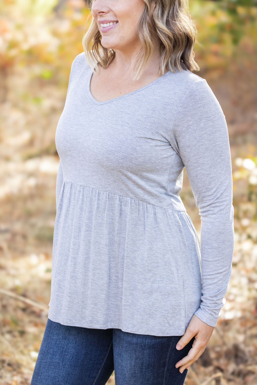 IN STOCK Long Sleeve Sarah Ruffle - Light Grey | Women's Top FINAL SALE