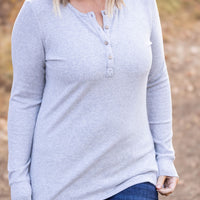 IN STOCK Brielle Henley Ribbed Long Sleeve - Light Grey