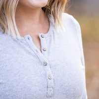 IN STOCK Brielle Henley Ribbed Long Sleeve - Light Grey