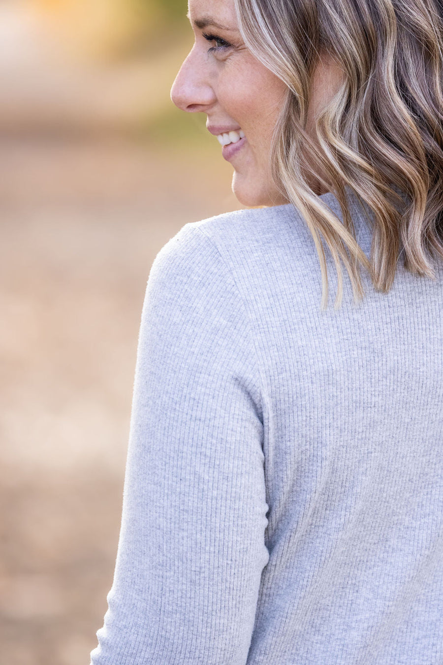 IN STOCK Brielle Henley Ribbed Long Sleeve - Light Grey