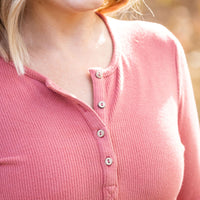 IN STOCK Brielle Henley Ribbed Long Sleeve - Terra Cotta