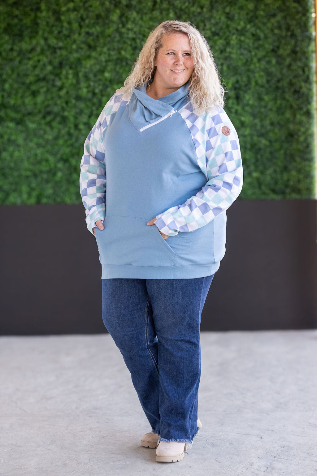 IN STOCK Zoey ZipCowl Sweatshirt - Blue and Mint Checker MM EXCLUSIVE