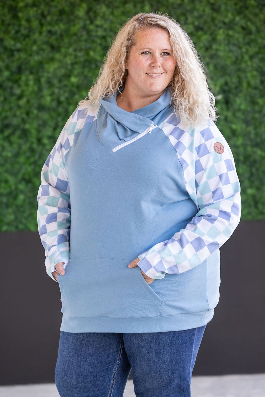 IN STOCK Zoey ZipCowl Sweatshirt - Blue and Mint Checker MM EXCLUSIVE