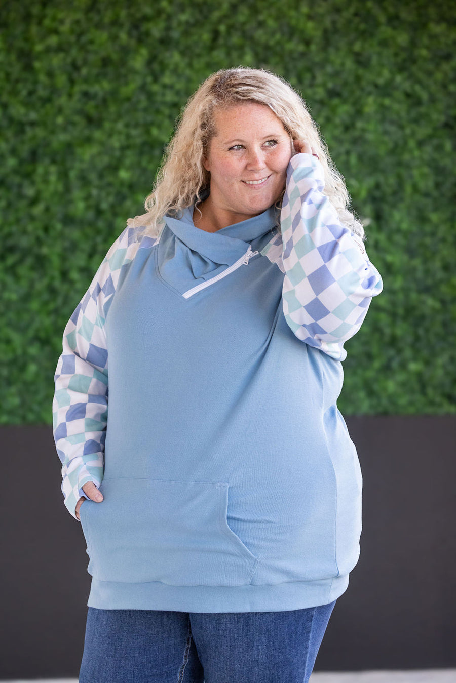 IN STOCK Zoey ZipCowl Sweatshirt - Blue and Mint Checker MM EXCLUSIVE