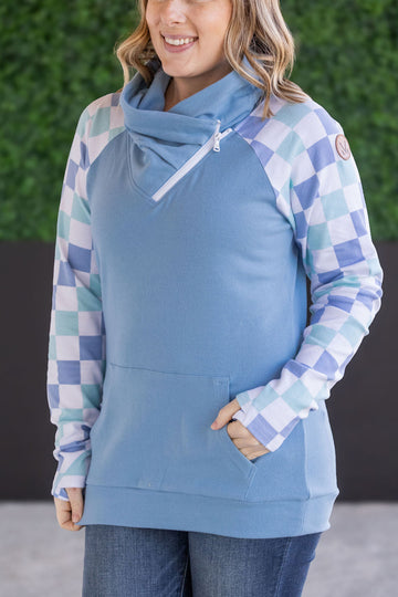 IN STOCK Zoey ZipCowl Sweatshirt - Blue and Mint Checker MM EXCLUSIVE