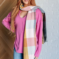 Keep Me Cozy Checkered Fringe Scarf in Pine and Petals