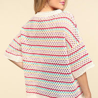 Haptics Striped Crochet Drop Shoulder Knit Top