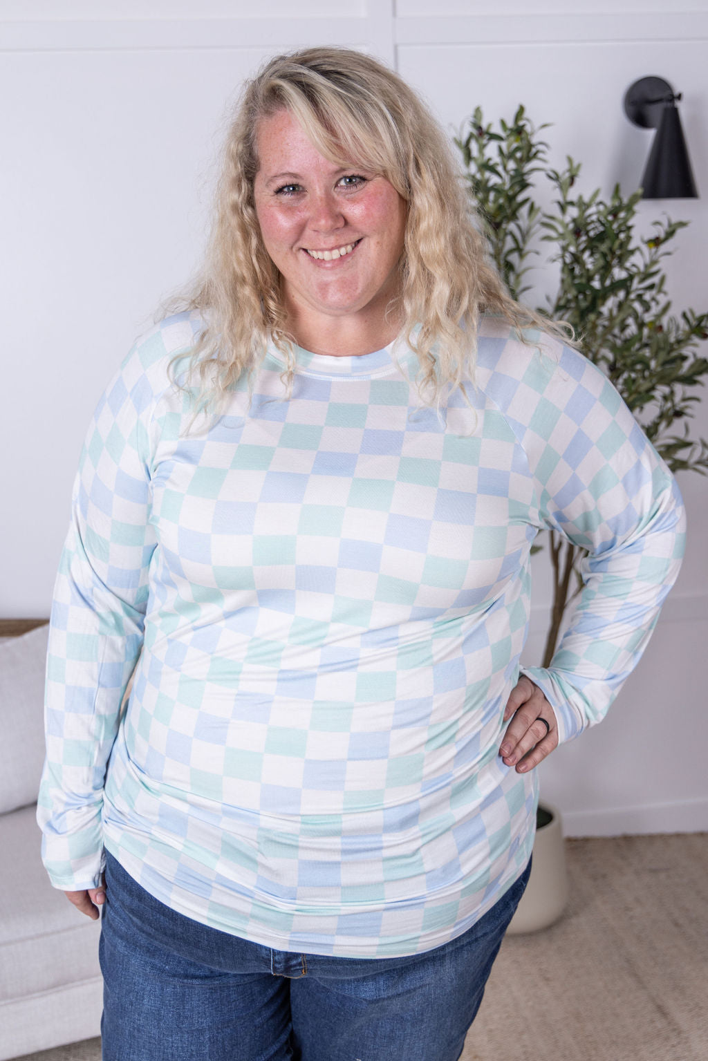 IN STOCK Blair Long Sleeve Top - Blue and Mint Checker MM EXCLUSIVE