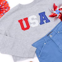 PREORDER: Cropped Length Embroidered Glitter USA Sweatshirt