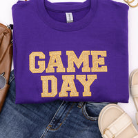 PREORDER: Embroidered Glitter Game Day Sweatshirt in Purple/Old Gold