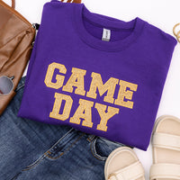 PREORDER: Embroidered Glitter Game Day Sweatshirt in Purple/Old Gold