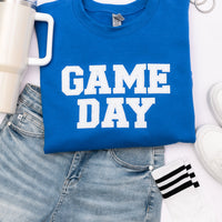 PREORDER: Embroidered Glitter Game Day Sweatshirt in Royal Blue/White