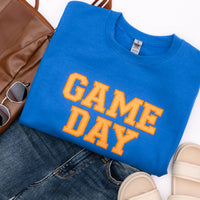 PREORDER: Embroidered Glitter Game Day Sweatshirt in Royal Blue/Orange