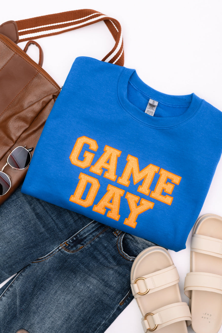 PREORDER: Embroidered Glitter Game Day Sweatshirt in Royal Blue/Orange