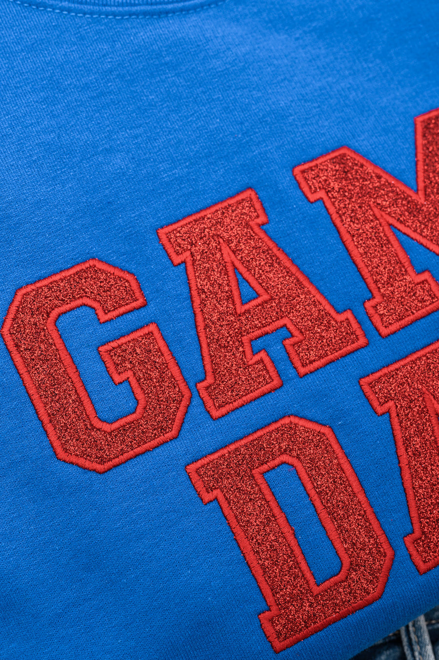 PREORDER: Embroidered Glitter Game Day Sweatshirt in Royal Blue/Red