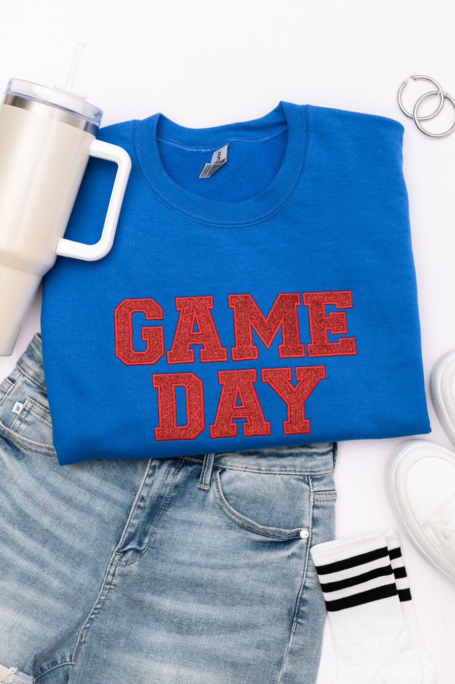 PREORDER: Embroidered Glitter Game Day Sweatshirt in Royal Blue/Red