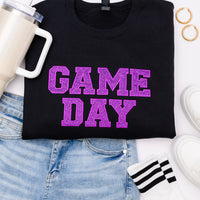 PREORDER: Embroidered Glitter Game Day Sweatshirt in Black/Purple