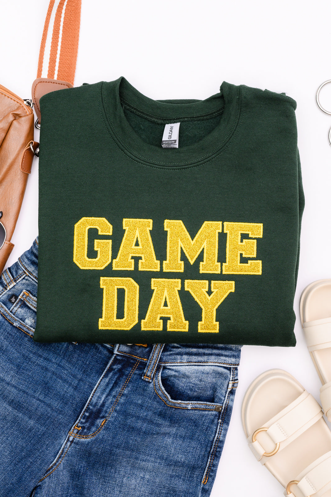 PREORDER: Embroidered Glitter Game Day Sweatshirt in Forest Green/Golden Yellow