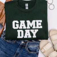 PREORDER: Embroidered Glitter Game Day Sweatshirt in Forest Green/White