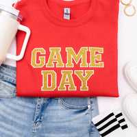 PREORDER: Embroidered Glitter Game Day Sweatshirt in Red/Golden Yellow