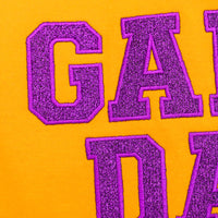 PREORDER: Embroidered Glitter Game Day Sweatshirt in Gold/Purple