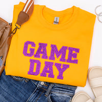 PREORDER: Embroidered Glitter Game Day Sweatshirt in Gold/Purple