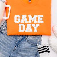 PREORDER: Embroidered Glitter Game Day Sweatshirt in Bright Orange/White