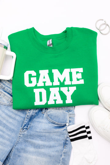 PREORDER: Embroidered Glitter Game Day Sweatshirt in Kelly Green/White