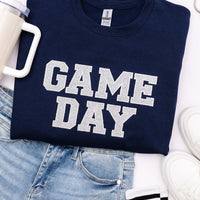 PREORDER: Embroidered Glitter Game Day Sweatshirt in Navy/Silver