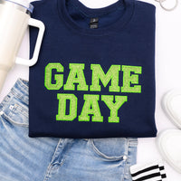 PREORDER: Embroidered Glitter Game Day Sweatshirt in Navy/Green