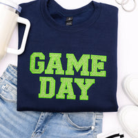 PREORDER: Embroidered Glitter Game Day Sweatshirt in Navy/Green