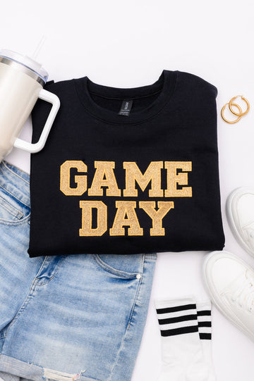 PREORDER: Embroidered Glitter Game Day Sweatshirt in Black/Old Gold