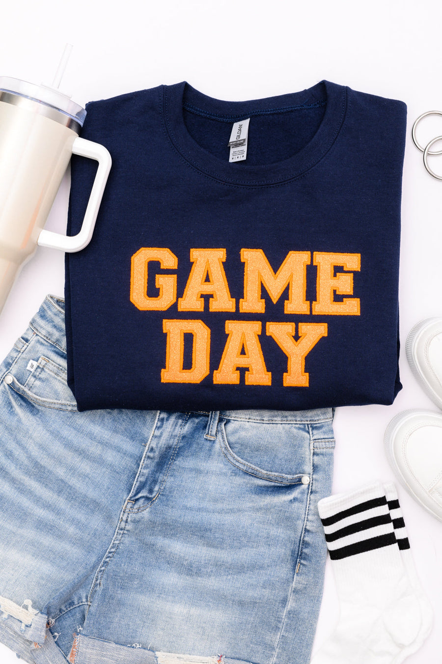 PREORDER: Embroidered Glitter Game Day Sweatshirt in Navy/Orange