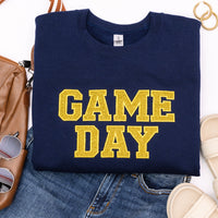 PREORDER: Embroidered Glitter Game Day Sweatshirt in Navy/Golden Yellow