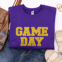 PREORDER: Embroidered Glitter Game Day Sweatshirt in Purple/Golden Yellow