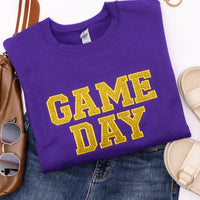 PREORDER: Embroidered Glitter Game Day Sweatshirt in Purple/Golden Yellow