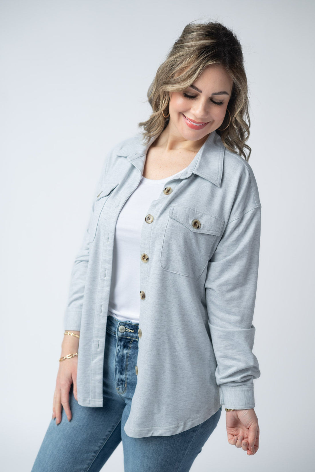 IN STOCK Brenna Button Down Top - Grey