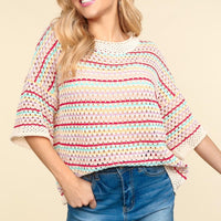 Haptics Striped Crochet Drop Shoulder Knit Top