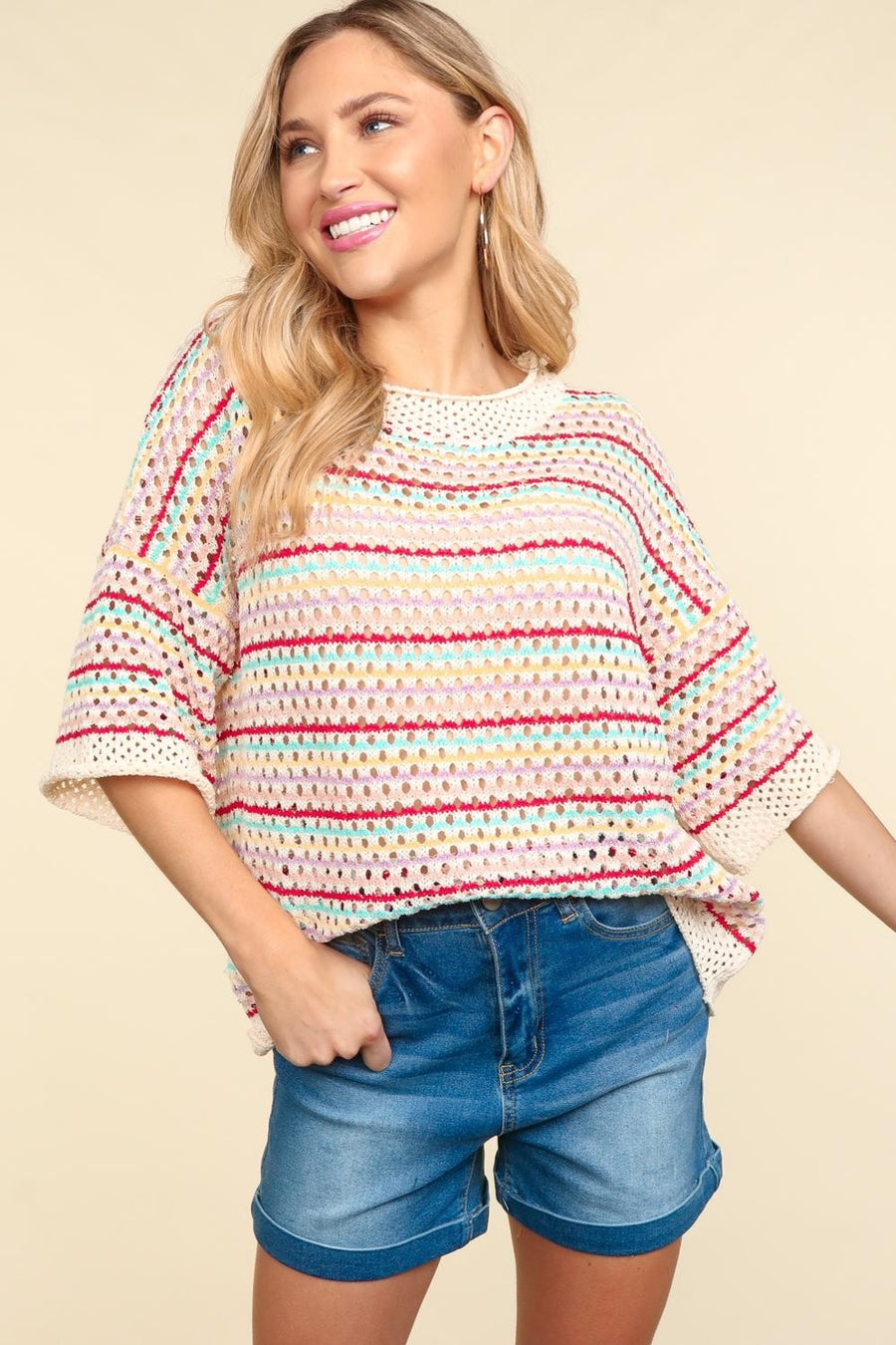 Haptics Striped Crochet Drop Shoulder Knit Top