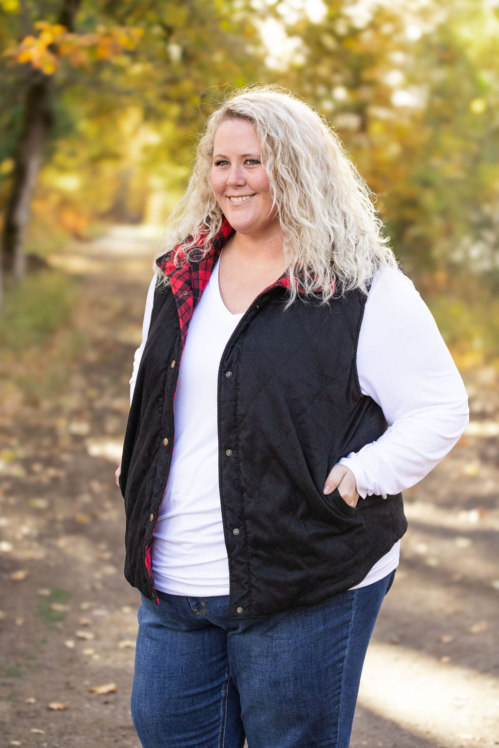 IN STOCK Reversible Vest - Corded Black and Plaid