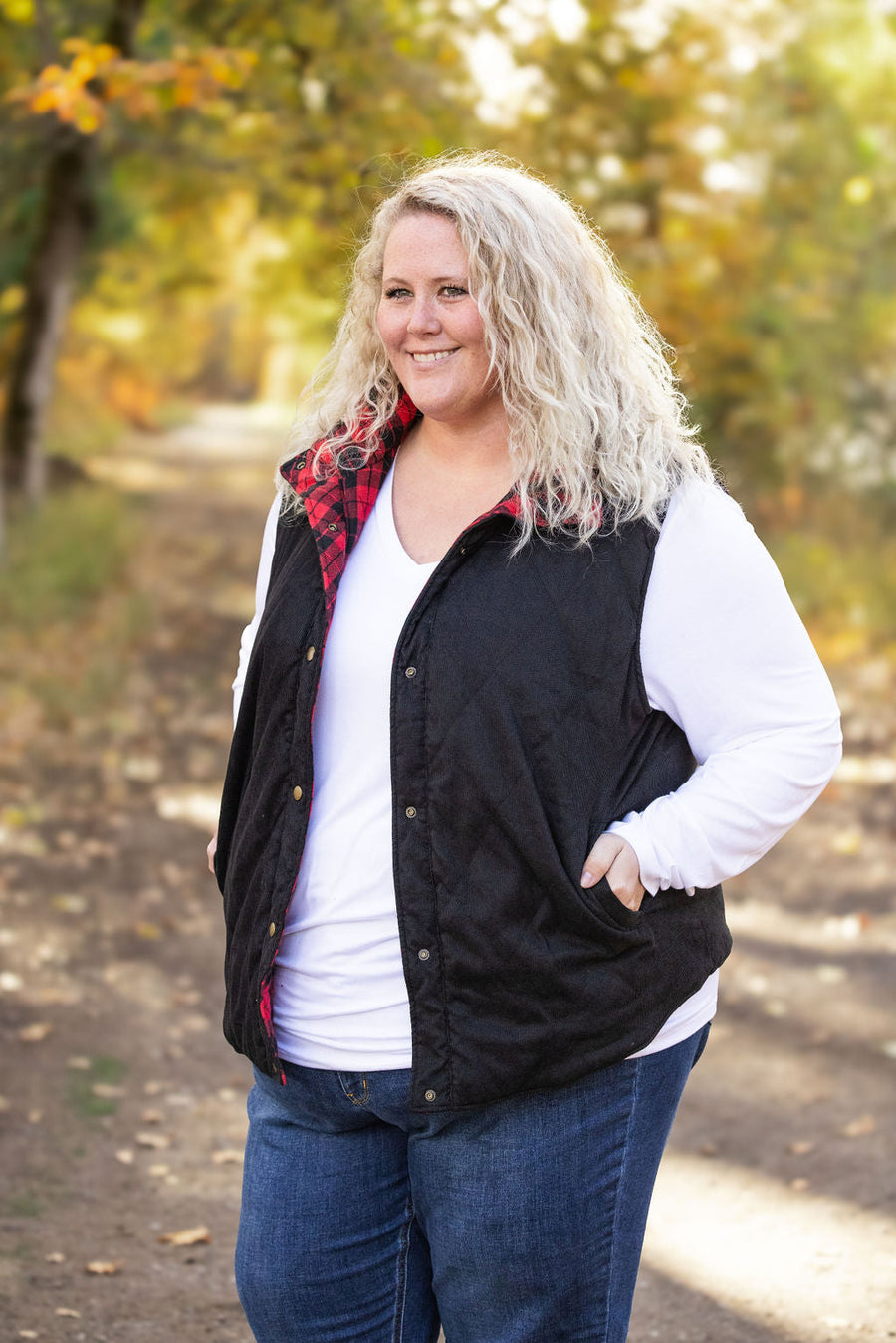 IN STOCK Reversible Vest - Corded Black and Plaid