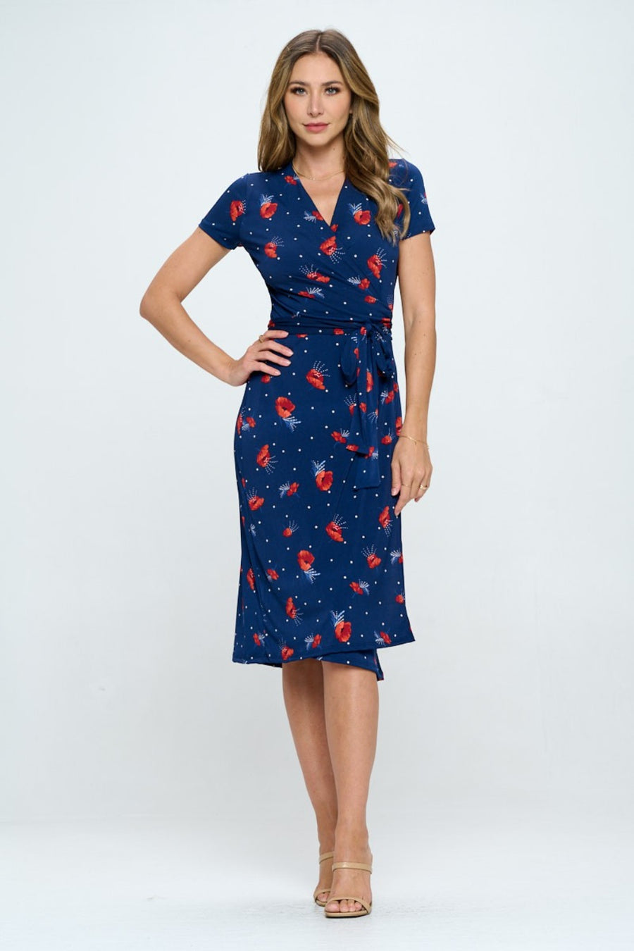 RENEE C Floral Tie Front Surplice Short Sleeve Dress