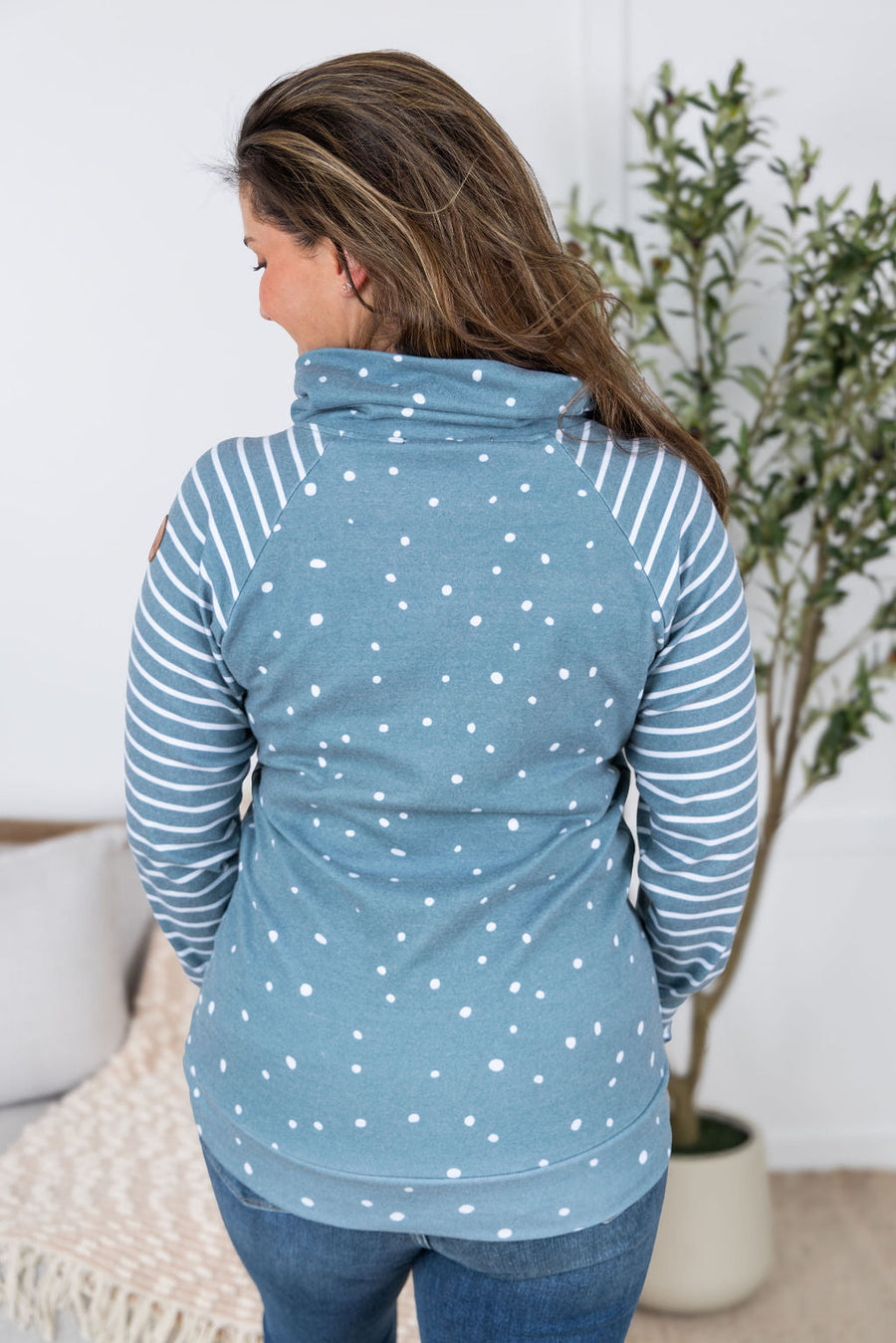 IN STOCK Zoey ZipCowl Sweatshirt - Teal Dots and Stripes