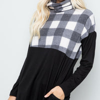 Celeste Full Szie Pocketed Plaid Turtleneck Long Sleeve Blouse