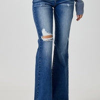 RISEN Distressed Button-Fly Flare Jeans