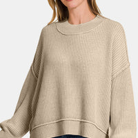 Zenana Exposed Seam Round Neck Dropped Shoulder Sweater