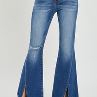 RISEN Full Size High Rise Front Slit Frayed Hem Flare Jeans